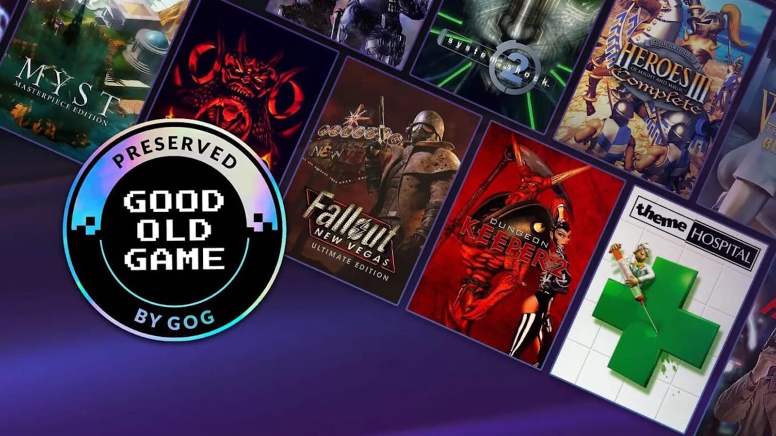 Colagem promocional da plataforma GOG destacando jogos clássicos preservados digitalmente. No centro‑esquerda há um selo circular escrito ‘Preserved Good Old Game by GOG’. Ao redor aparecem capas de vários jogos famosos, incluindo Myst Masterpiece Edition, System Shock 2, Heroes of Might and Magic III Complete, Fallout New Vegas Ultimate Edition, Dungeon Keeper 2 e Theme Hospital.