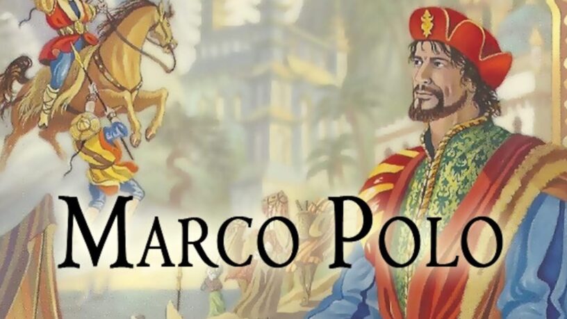 Ilustração de Marco Polo usando roupas ornamentadas em vermelho, verde e dourado, com um chapéu vermelho. Ao fundo aparecem cenas estilizadas com pessoas, cavalos e construções que remetem a paisagens históricas da Rota da Seda. O nome ‘MARCO POLO’ aparece em letras grandes no centro da imagem.