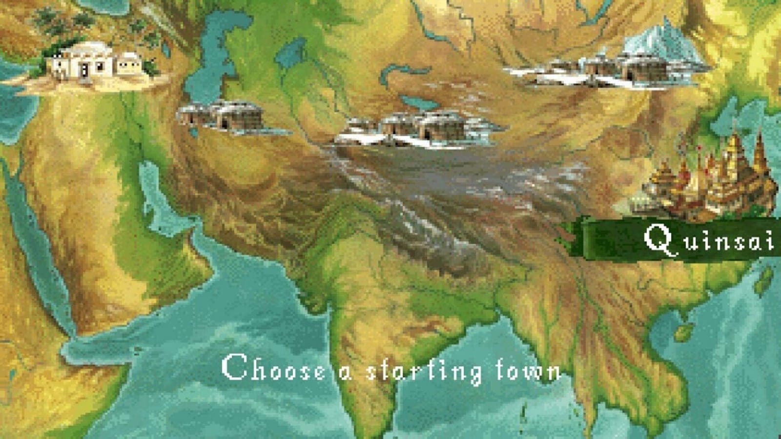 Mapa estilizado da Ásia em pixel‑art, com cidades representadas por pequenos agrupamentos arquitetônicos. À direita, uma área destacada mostra a cidade chamada ‘Quinsai’. Na parte inferior aparece o texto ‘Choose a starting town’.