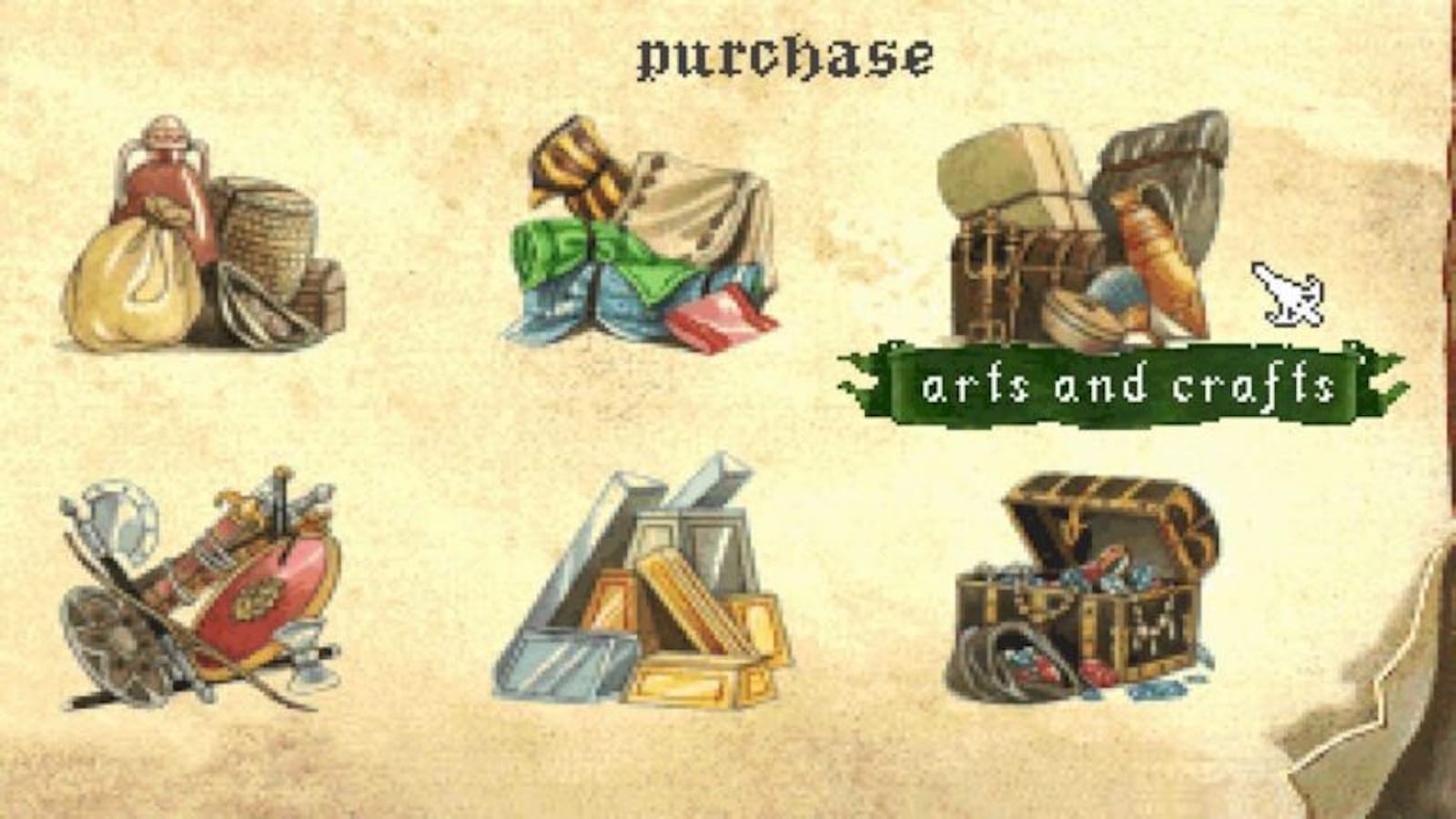 Interface de jogo com fundo em pergaminho e seis ícones ilustrados organizados em duas linhas. No topo aparece a palavra ‘purchase’.